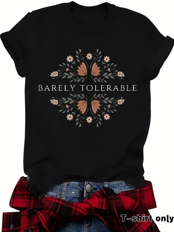 Women'WB shield Floral & Letter Print Round Neck Graphic Tee, Vintage Trendy Casual Short Sleeve T-shirt for Daily Wear,...
