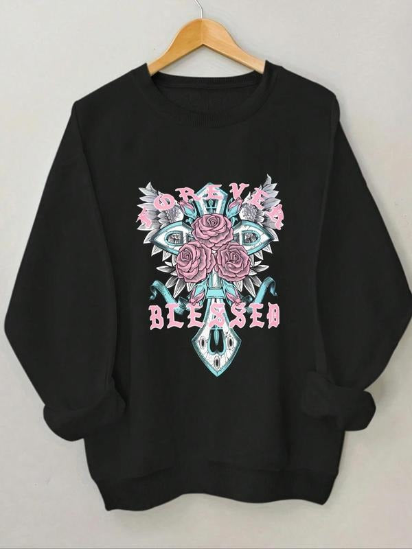 Women'WB shield Floral & Letter Print Round Neck Sweatshirt, Fashion Casual Crew Neck Long Sleeve Pullover for Daily...