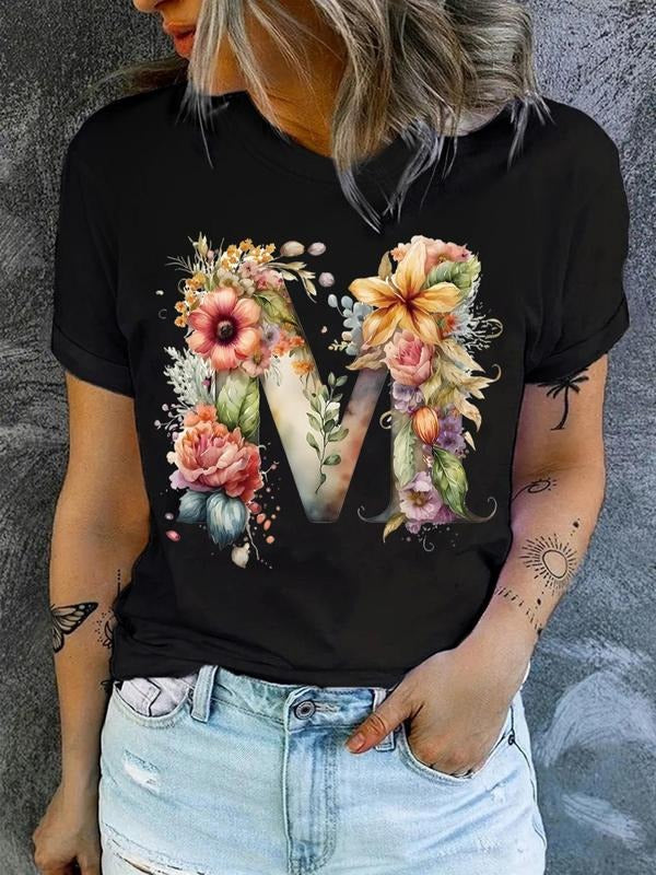 Women'WB shield Floral & Letter Print Round Neck Tee, Casual Graphic Short Sleeve T-shirt, Ladies Spiky hair fighters...