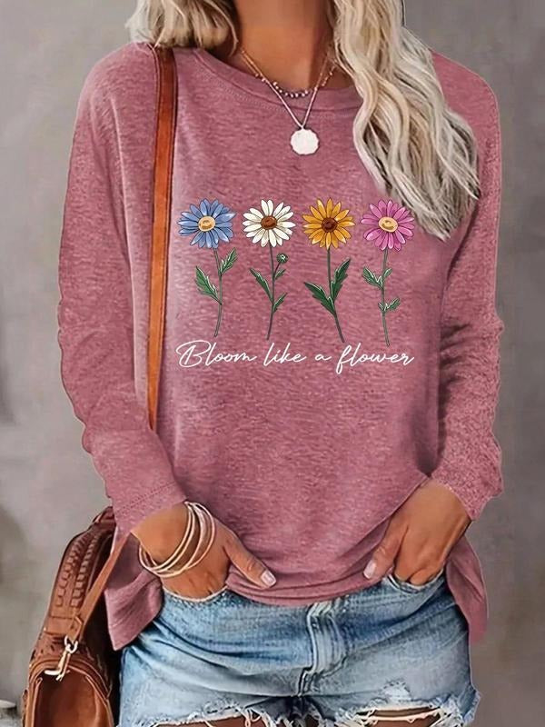 Women'WB shield Floral & Letter Print Round Neck Tee, Casual Long Sleeve T-shirt for Spring & Fall, Women'WB shield Top...