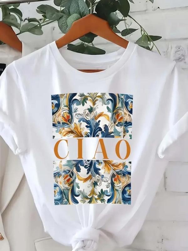 Women'WB shield Floral & Letter Print Round Neck Tee, Casual Short Sleeve Crew Neck T-Shirt for Daily Wear, Ladies TNF...