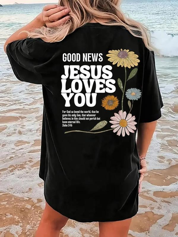 Women'WB shield Floral & Letter Print Round Neck Tee, Trendy Casual Crew Neck Short Sleeve T-Shirt for Daily Wear, Ladies...