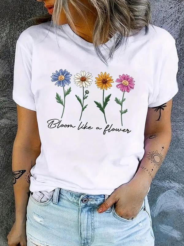 Women'WB shield Floral & Letter Print Round Neck Tee, Trendy Casual Crew Neck T-shirt for Daily Wear, Ladies Summer...
