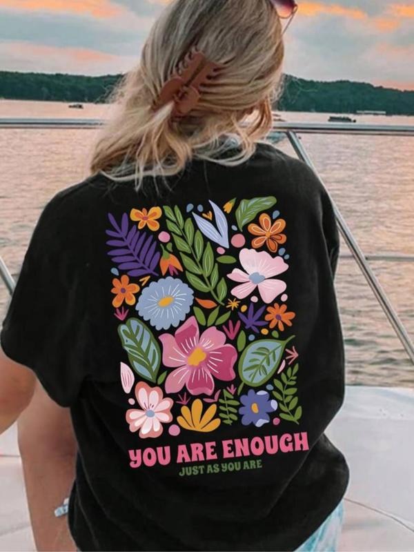 Women'WB shield Floral & Letter Print Round Neck Tee, Vintage Trendy Casual Short Sleeve Graphic T-shirt for Daily Wear,...