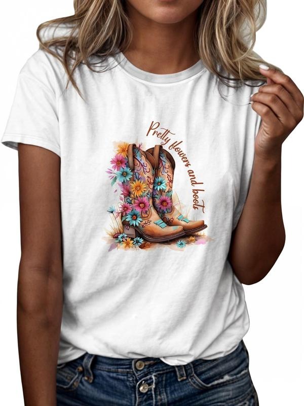 Women'WB shield Floral & Letter Print Round Neck Tee, Vintage Trendy Casual Short Sleeve T-shirt for Daily Wear, Ladies...