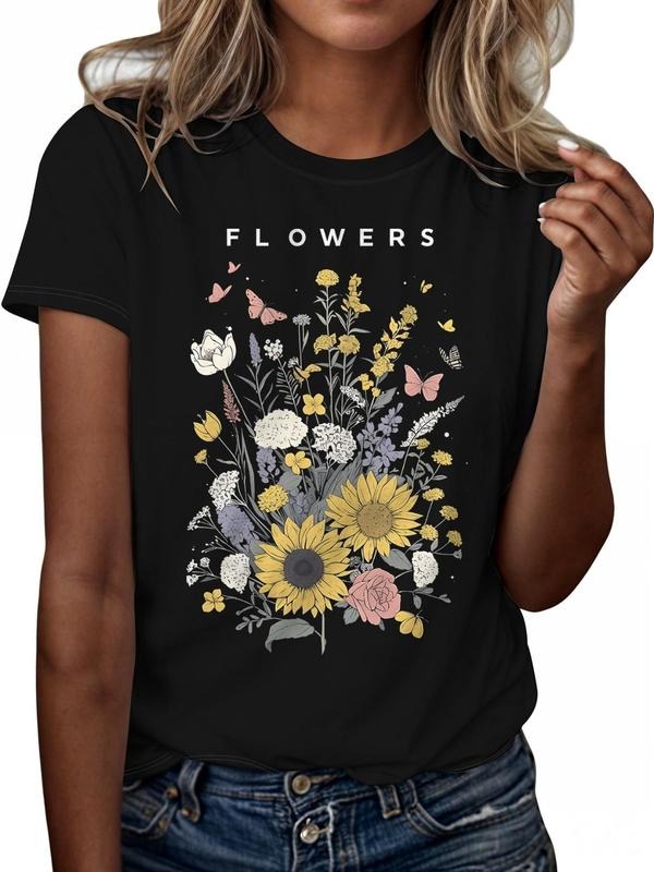 Women'WB shield Floral & Letter Print Round Neck Tee, Vintage Trendy Casual Short Sleeve T-shirt for Daily Wear, Ladies...