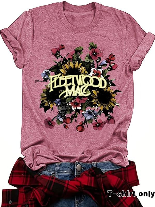 Women'WB shield Floral & Letter Print Round Neck Tee, Vintage Trendy Casual Short Sleeve T-shirt for Daily Wear, Ladies...