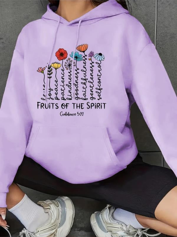 Women'WB shield Floral & Letter Print TNF Lined Hoodie, Fashion Casual Drawstring Pocket Hooded Sweatshirt for Daily...