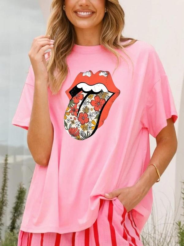 Women'WB shield Floral & Lip Print Round Neck Tee, Trendy Casual Crew Neck T-shirt for Daily Wear, Ladies Spiky hair...