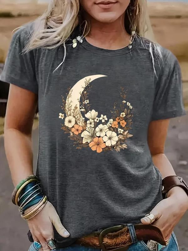 Women'WB shield Floral & Moon Print Round Neck Tee, Casual Short Sleeve Crew Neck T-shirt for Spring, Fashion Women'WB...