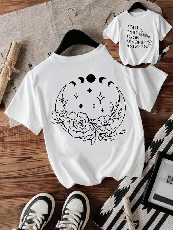 Women'WB shield Floral & Moon Print Round Neck Tee, Casual Short Sleeve Crew Neck T-shirt for Summer, Fashion Women'WB...