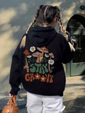 Women'WB shield Floral & Mushroom & Letter Print Drop Shoulder Hoodie, Fashion Casual Drawstring Pocket Hooded Sweatshirt for Daily Holiday Outdoor Wear, Women Clothing for Fall & Winter