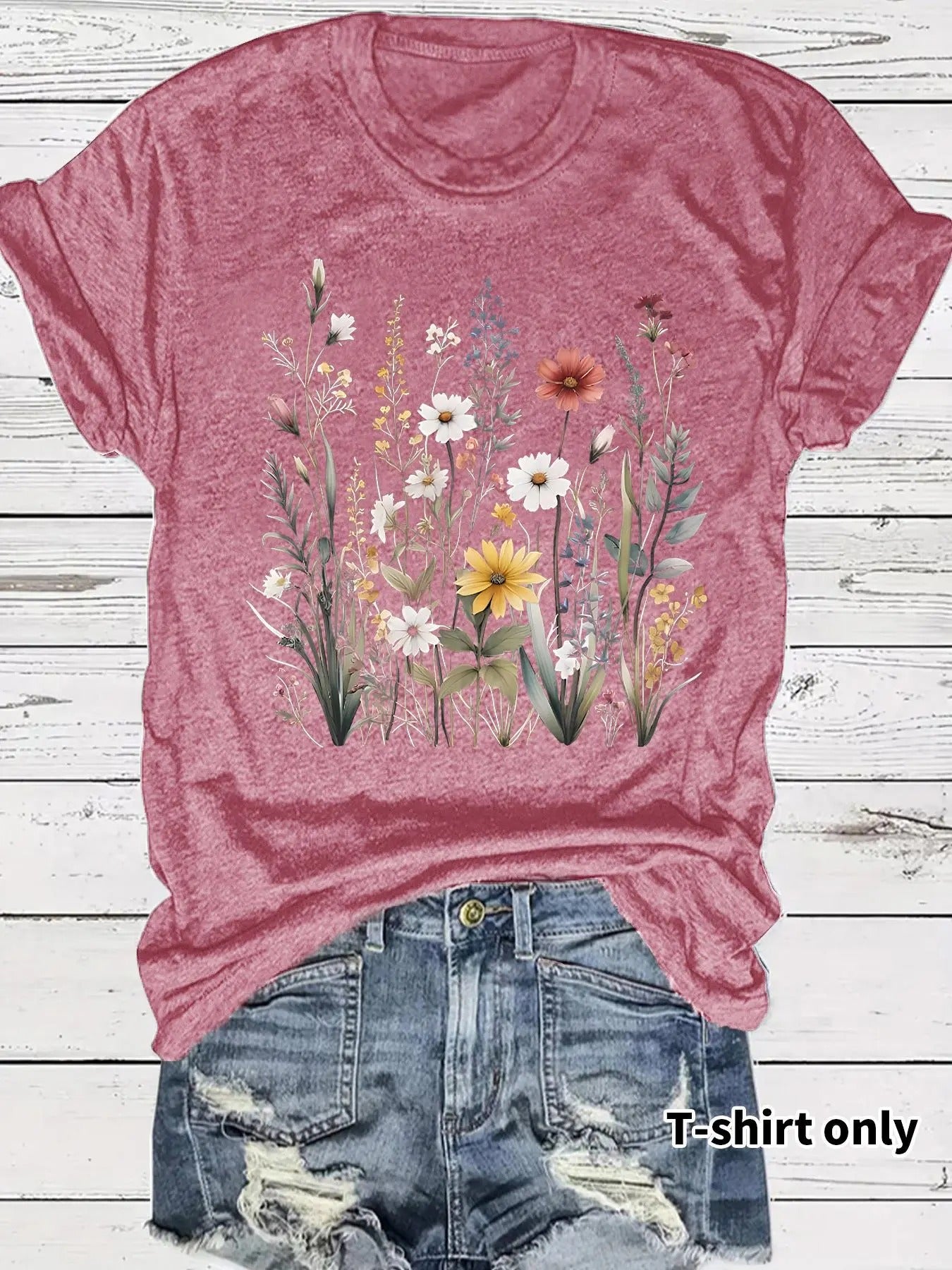 Women'WB shield Floral & Plants Print Round Neck Tee, Casual Short Sleeve Crew Neck T-shirt for Summer, Fashion Women'WB...