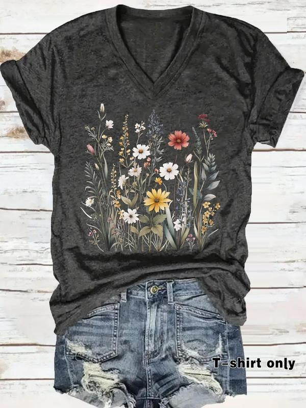 Women'WB shield Floral & Plants Print Superhero team Neck Tee, Casual Boho Short Sleeve T-Shirt for Summer, Ladies TNF for Daily Wear, Top