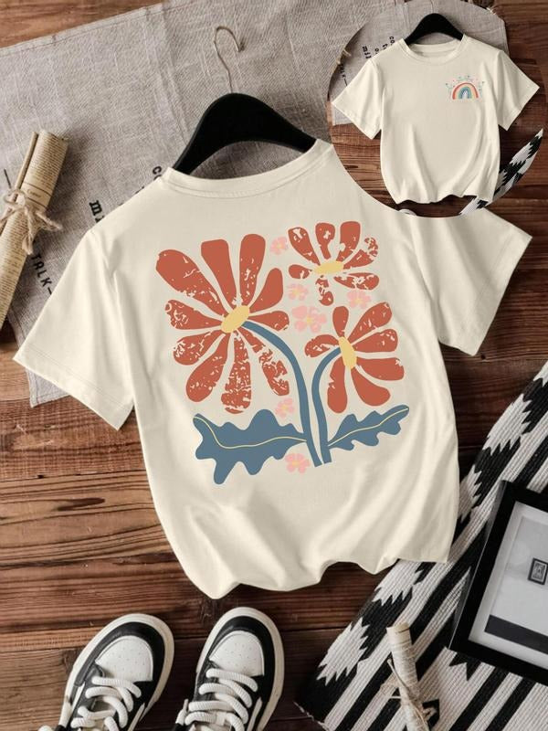 Women'WB shield Floral & Rainbow Print Round Neck Tee, Casual Short Sleeve Crew Neck T-shirt for Summer, Fashion Women'WB...