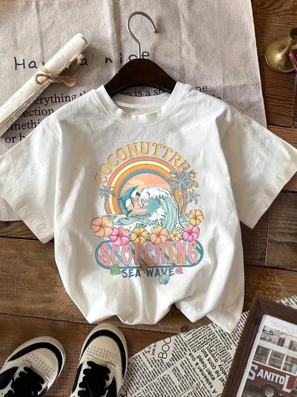 Women'WB shield Floral & Sea View Print Round Neck Tee, Trendy Casual Letter Graphic Short Sleeve T-shirt for Daily Wear,...