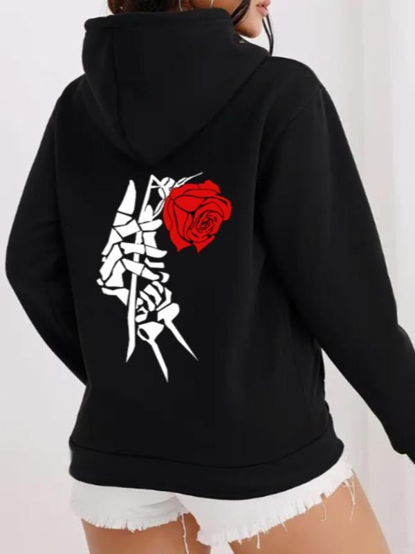 Women'WB shield Floral & Skeleton Print Drop Shoulder Hoodie, Fashion Casual Drawstring Kangaroo Pocket Hooded Sweatshirt...