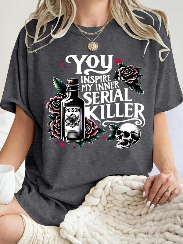 Women'WB shield Floral & Skull Print Round Neck Tee, Vintage Trendy Casual Short Sleeve T-shirt for Daily Wear, Ladies...