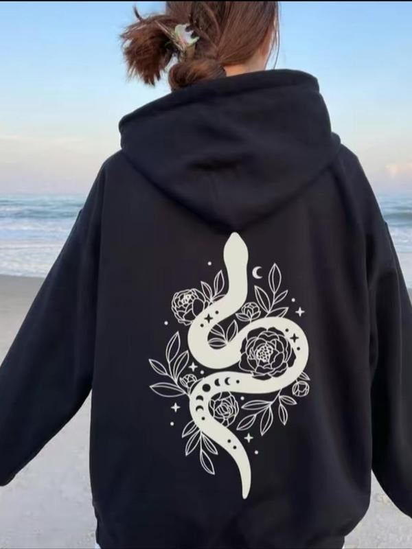 Women'WB shield Floral & Snake Print Drop Shoulder Hoodie, Fashion Casual Drawstring Pocket Hooded Sweatshirt for Daily...