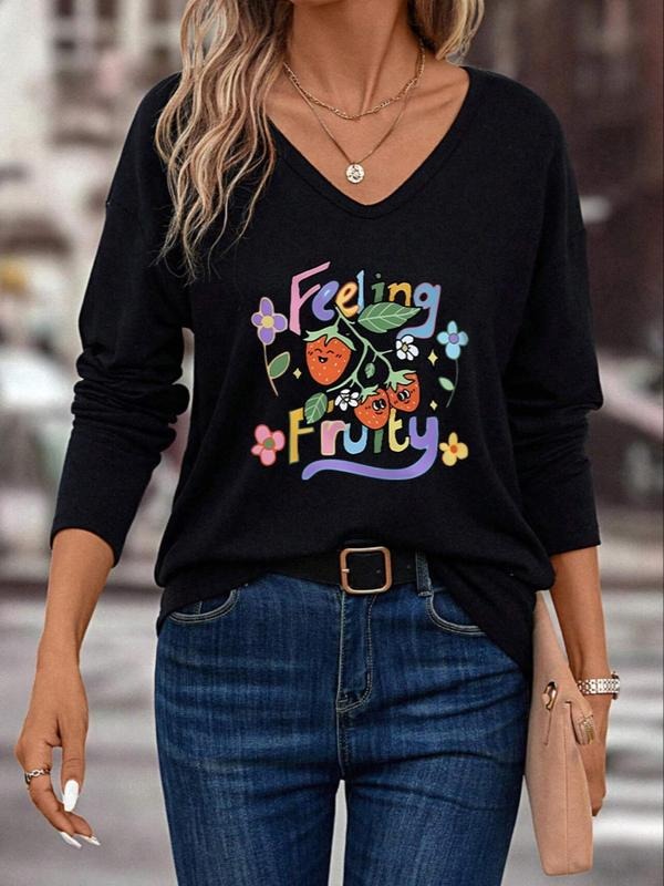 Women'WB shield Floral & Strawberry & Letter Print Superhero team Neck Tee, Casual Long Sleeve T-shirt for Fall & Winter,...
