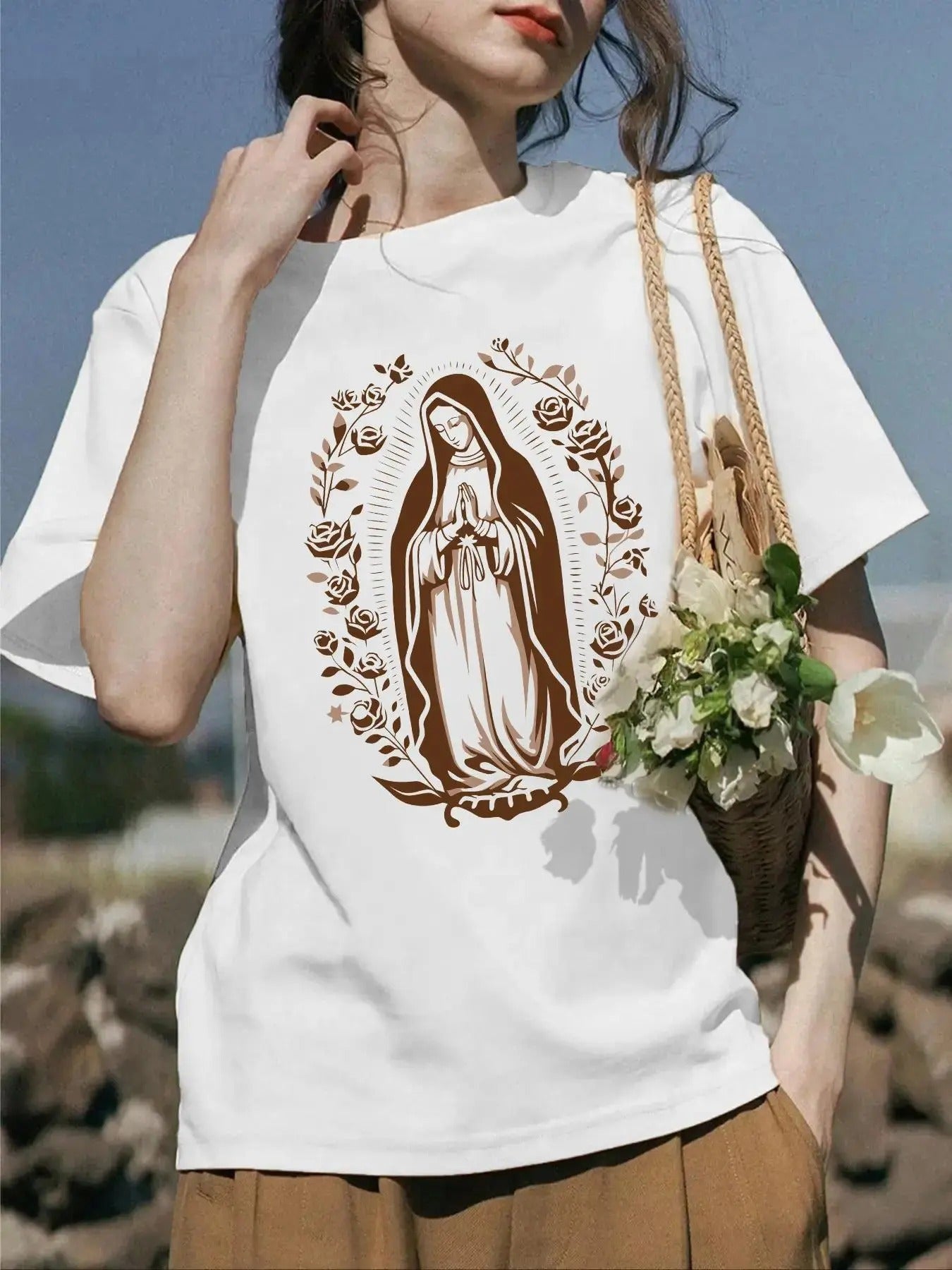 Women'WB shield Floral & Virgin Mary Print Round Neck Tee, Vintage Trendy Casual Drop Shoulder Short Sleeve T-Shirt for...