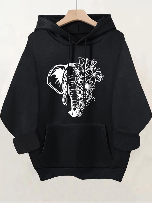 Women'WB shield Floral Elephant Print Drawstring Pocket Hoodie, Casual Drop Shoulder Long Sleeve Hooded Sweatshirt,...
