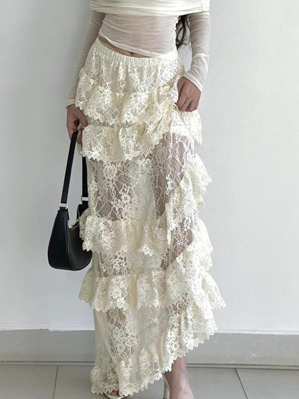 Women'WB shield Floral Lace Ruffle Trim Skirt, Elegant Fashion Casual Layered Hem Maxi Skirt for Daily Outdoor Wear,...
