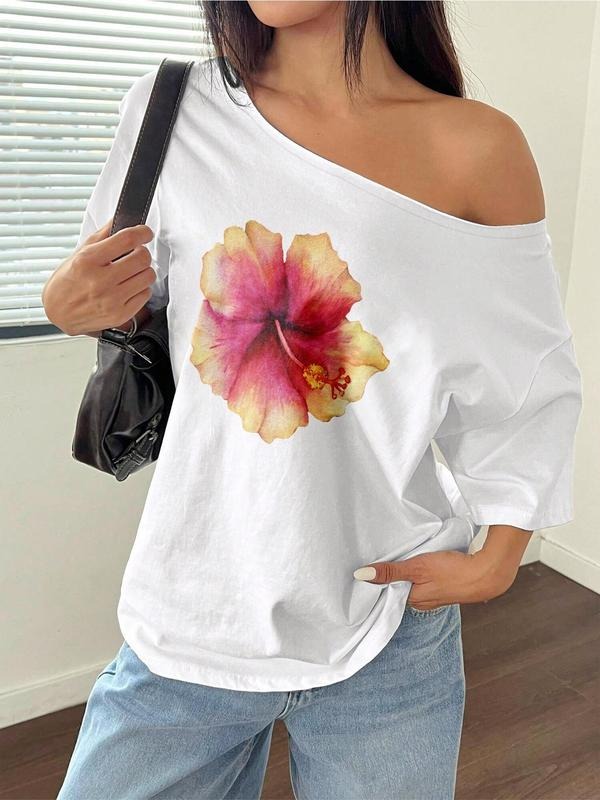 Women'WB shield Floral Print Asymmetrical Neck Tee, Casual FOG Shoulder Curved Hem T-Shirt for Daily Wear, Ladies TNF for...