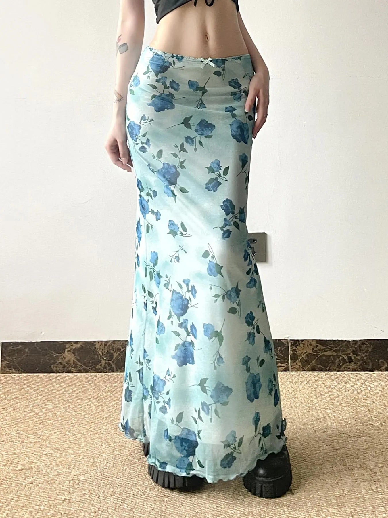 Women'WB shield Floral Print Bow Front Lettuce Trim Bodycon Skirt, Elegant High Waist Long Mermaid Skirt for Party...