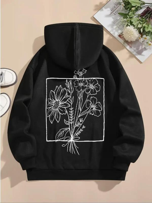 Women'WB shield Floral Print Drawstring Kangaroo Pocket Drop Shoulder Hoodie, Fashion Casual Long Sleeve Hooded...