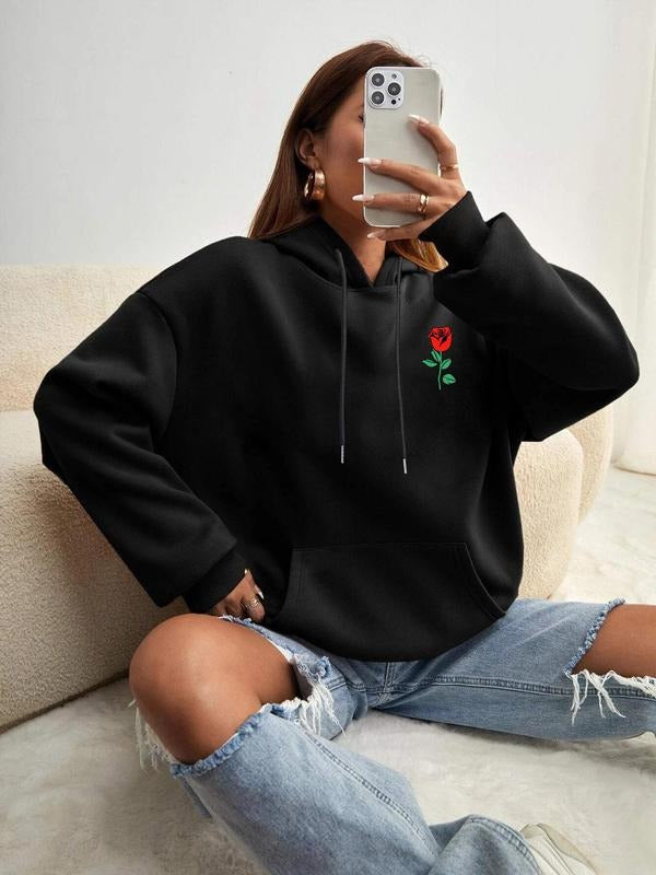 Women'WB shield Floral Print Drop Shoulder Hoodie Hooded Sweatshirt, Fashion Casual Drawstring Pocket Hooded Sweatshirt...