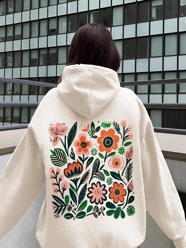 Women'WB shield Floral Print Drop Shoulder Hoodie, Fashion Casual Drawstring Pocket Hooded Sweatshirt for Daily Holiday...