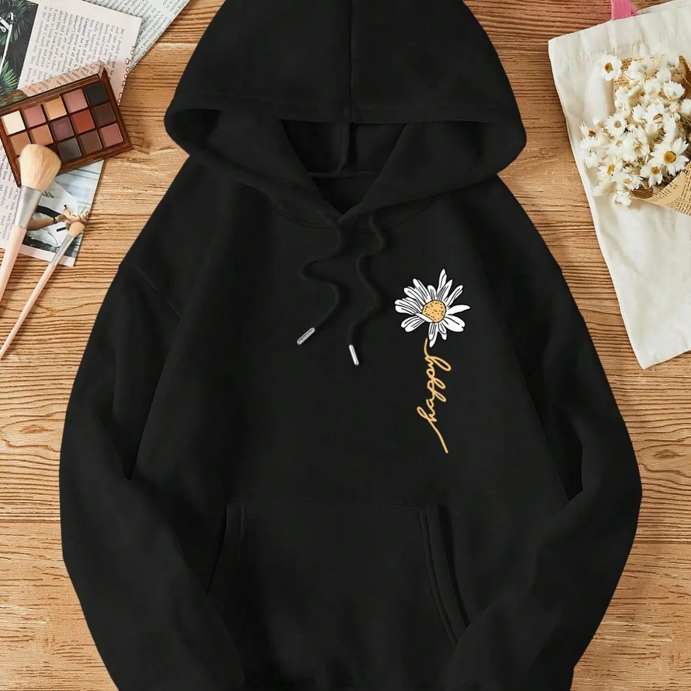 Women'WB shield Floral Print Drop Shoulder Hoodie, Fashion Casual Drawstring Pocket Hooded Sweatshirt for Daily Holiday...