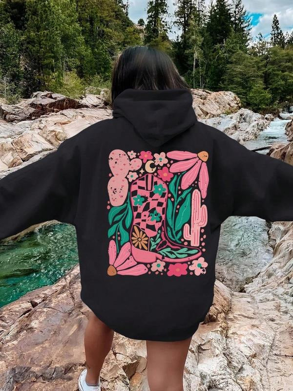 Women'WB shield Floral Print Drop Shoulder Hoodie, Fashion Casual Drawstring Pocket Hooded Sweatshirt for Daily Holiday...