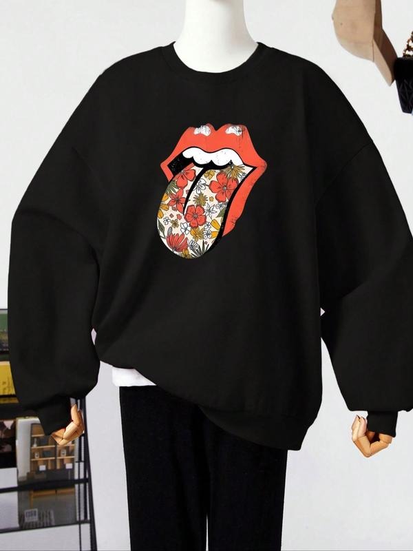 Women'WB shield Floral Print Drop Shoulder Sweatshirt, Casual Long Sleeve Round Neck Pullover for Fall & Winter, Ladies...