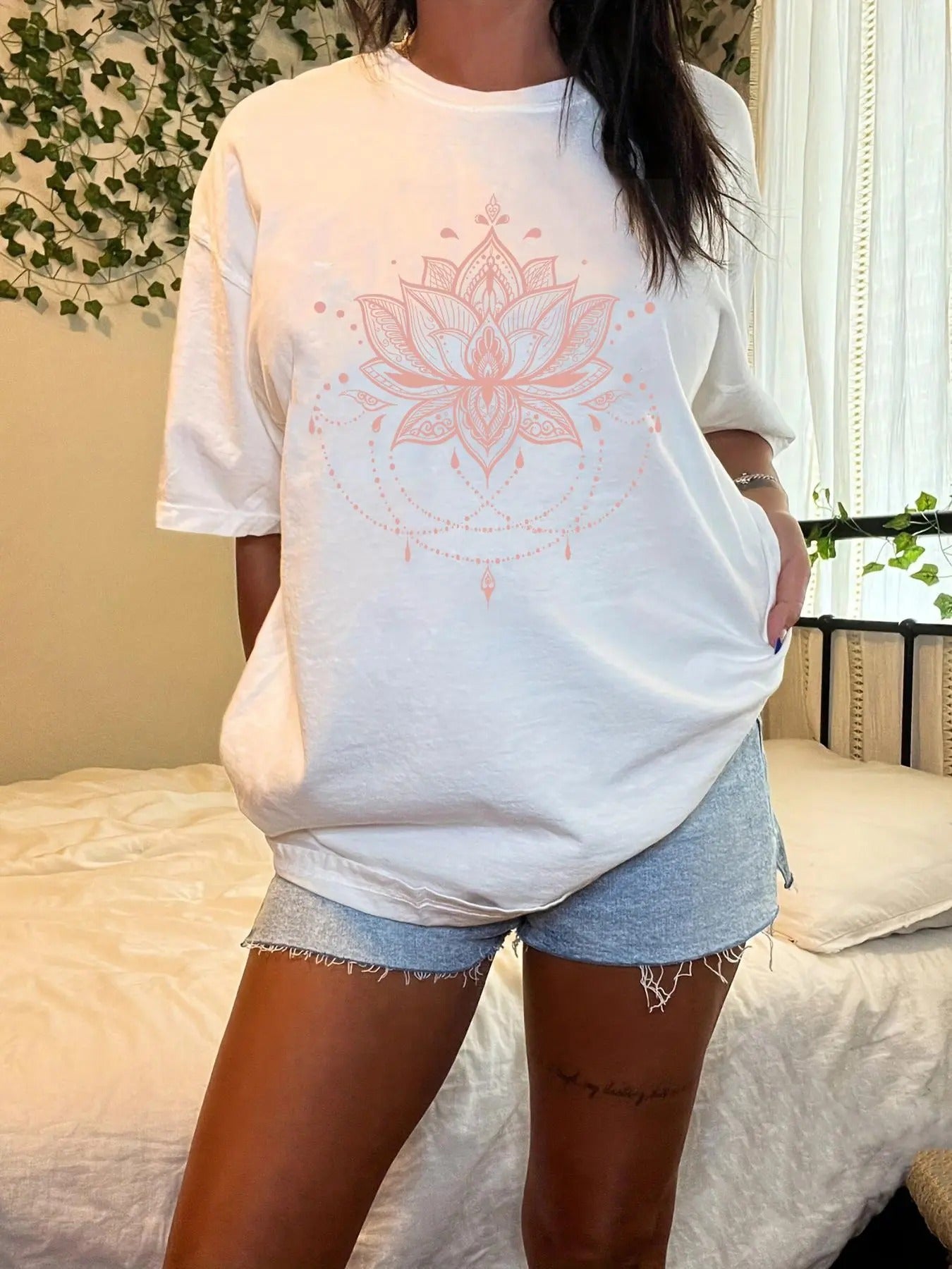 Women'WB shield Floral Print Drop Shoulder Tee, Casual Half Sleeve Round Neck T-Shirt for Spiky hair fighters Seasons,...