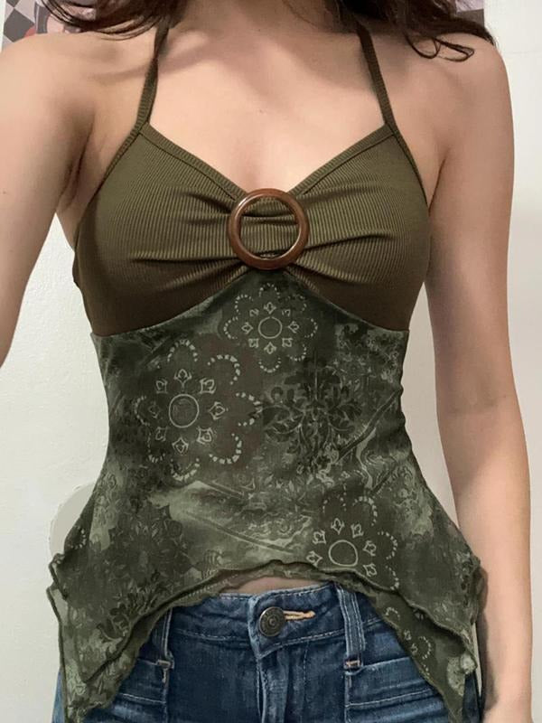Women'WB shield Floral Print Halter Neck Tie Back Lettuce Trim Asymmetrical Hem Top, Y2k Clothing, Elegant 2000s Y2K...