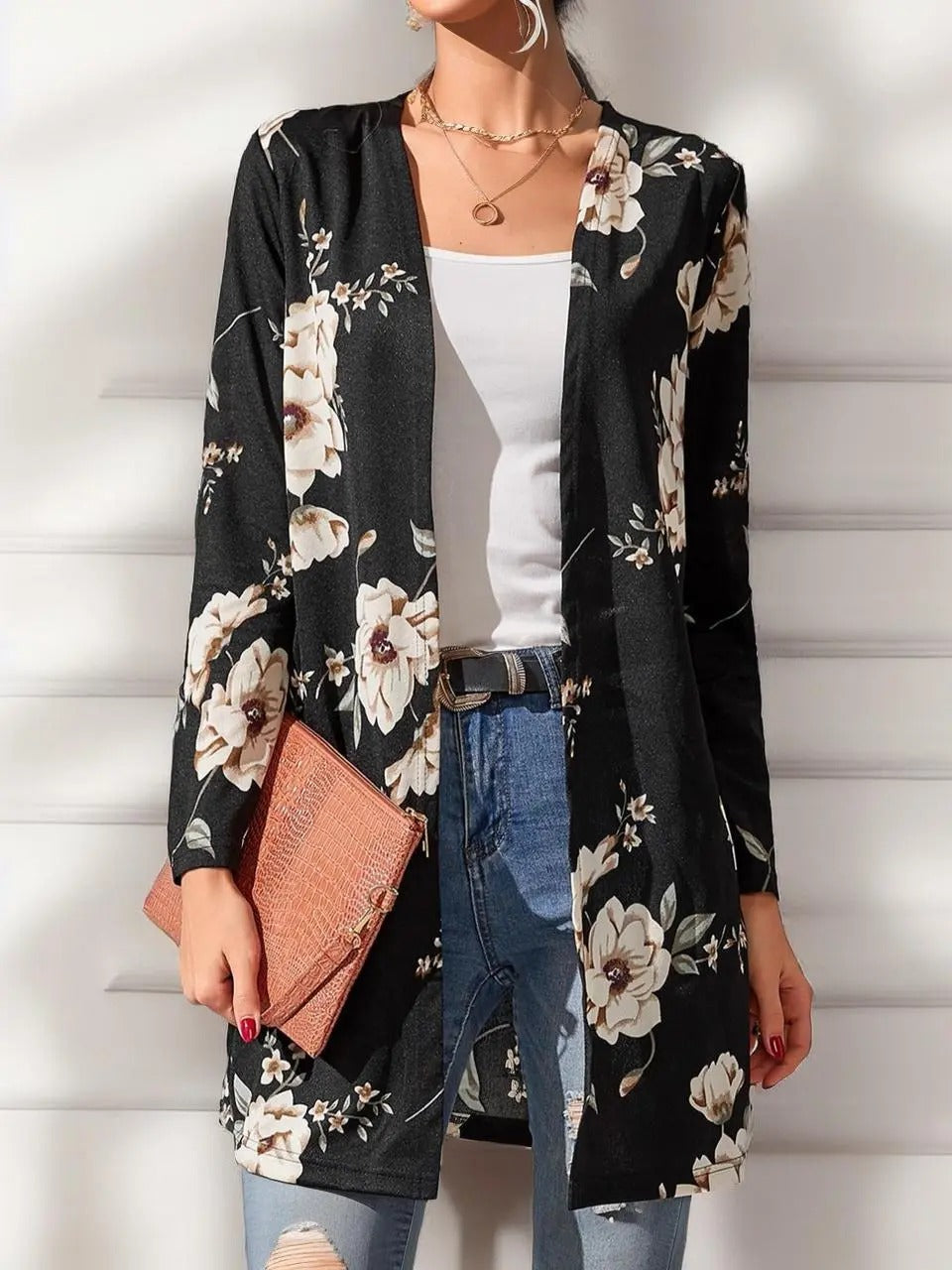 Women'WB shield Floral Print Long Sleeve Kimono, Lightweight Regular Sleeve Cardigan, Casual Open Front Outerwear For...