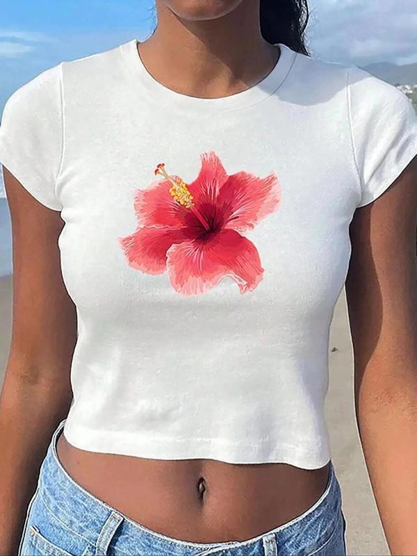 Women'WB shield Floral Print Round Neck Crop Tee, Casual Cap Sleeve Crew Neck T-Shirt for Summer, Fashion Women'WB shield Top for Daily Wear