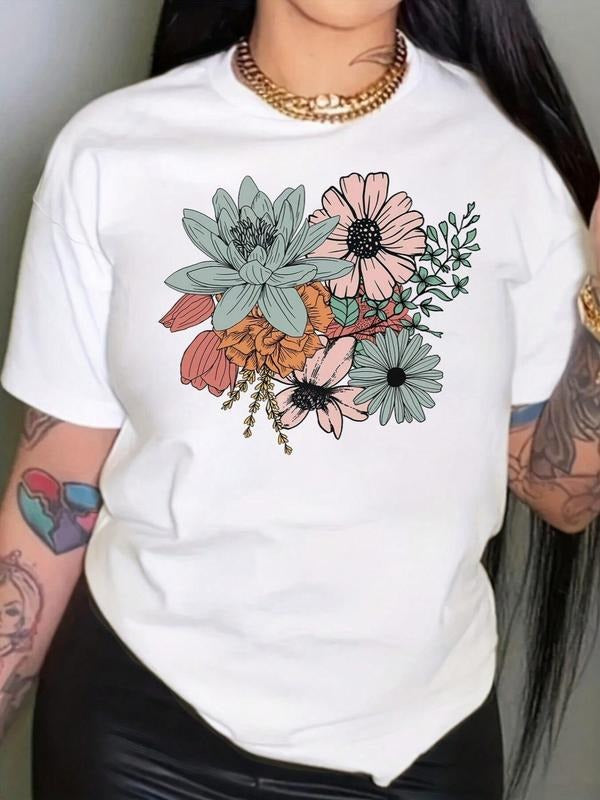 Women'WB shield Floral Print Round Neck Graphic Tee, Vintage Trendy Casual Drop Shoulder Short Sleeve T-shirt for Daily...