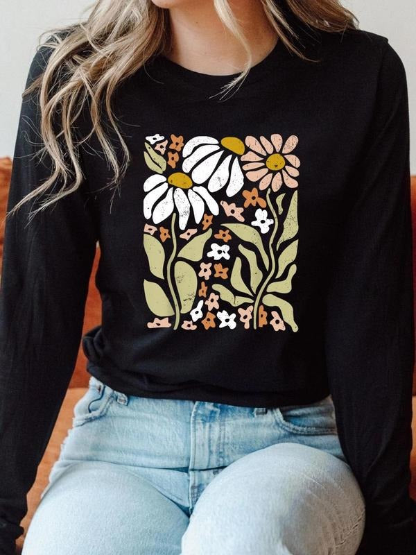 Women'WB shield Floral Print Round Neck Long Sleeve Tee, Casual Crew Neck T-shirt for Spring & Fall, Women'WB shield Top...