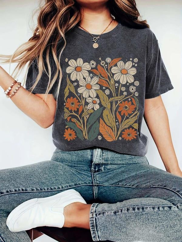 Women'WB shield Floral Print Round Neck Tee, Casual Short Sleeve Crew Neck T-Shirt for Summer, Fashion Women'WB shield Top for Daily Wear style 08