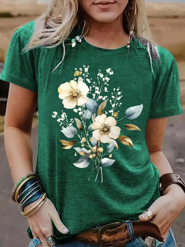 Women'WB shield Floral Print Round Neck Tee, Casual Short Sleeve Crew Neck T-Shirt for Summer, Fashion Women'WB shield...