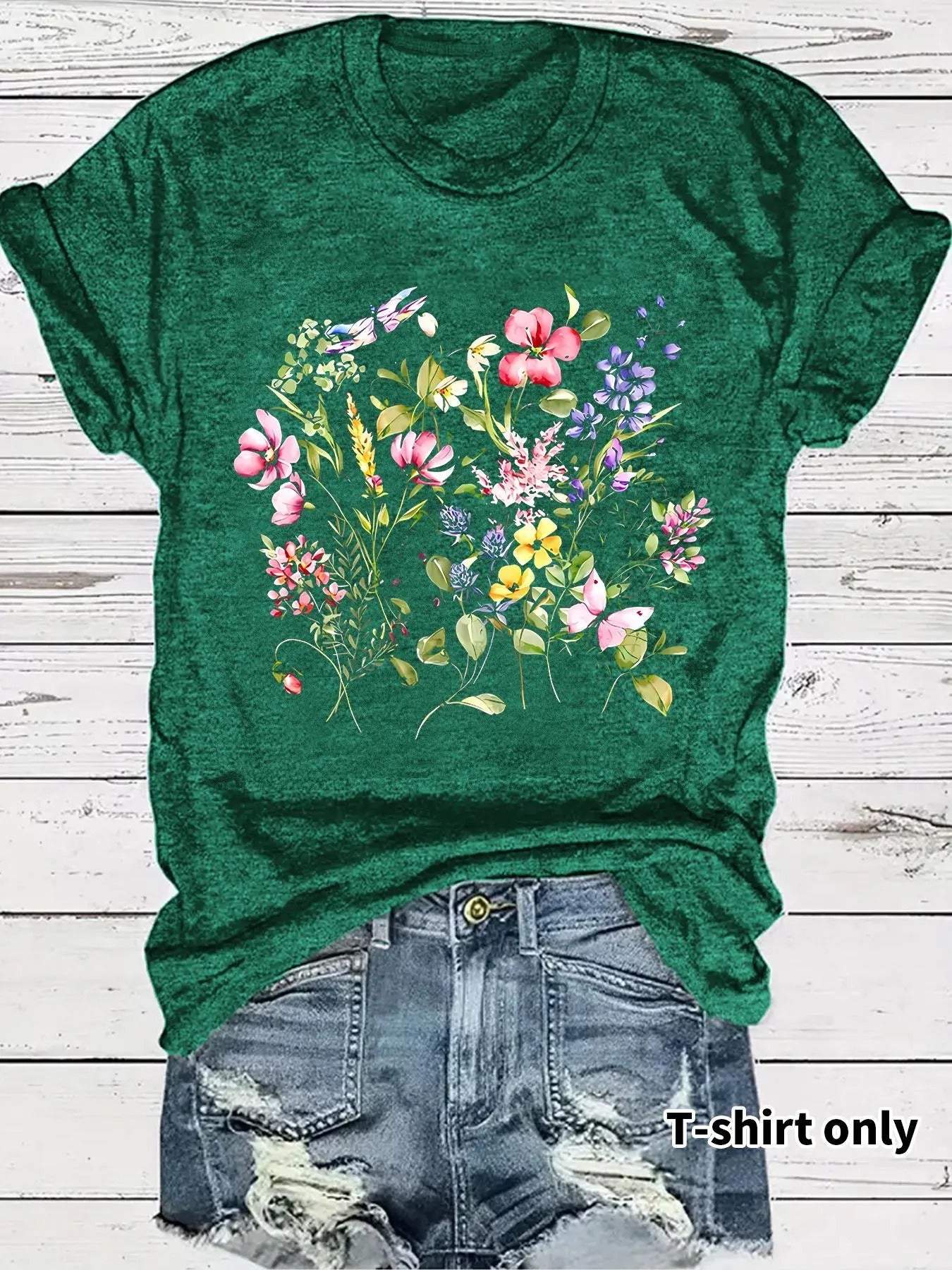 Women'WB shield Floral Print Round Neck Tee, Casual Short Sleeve Crew Neck T-shirt for Summer, Fashion Women'WB shield Top for Daily Wear style 02