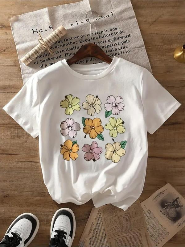Women'WB shield Floral Print Round Neck Tee, Casual Short Sleeve Crew Neck T-shirt for Summer, Fashion Women'WB shield Top for Daily Wear style 04