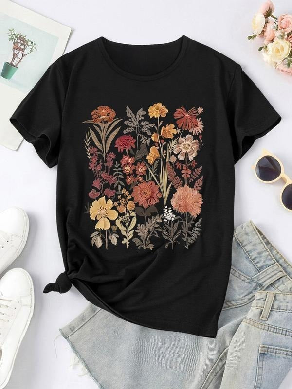 Women'WB shield Floral Print Round Neck Tee, Fashion Casual Short Sleeve T-shirt, Ladies Summer TNF for Daily Wear...