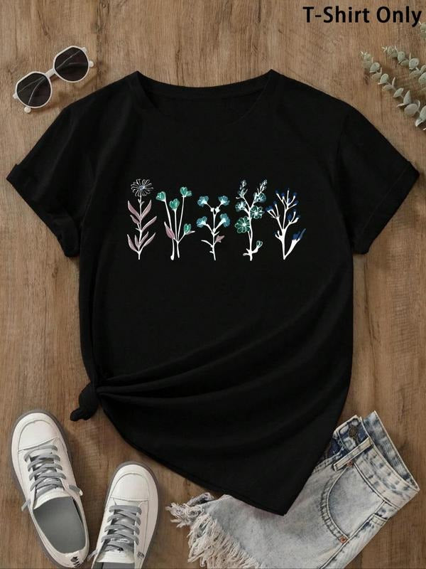 Women'WB shield Floral Print Round Neck Tee, Vintage Trendy Casual Short Sleeve T-shirt for Daily Wear, Ladies Summer...