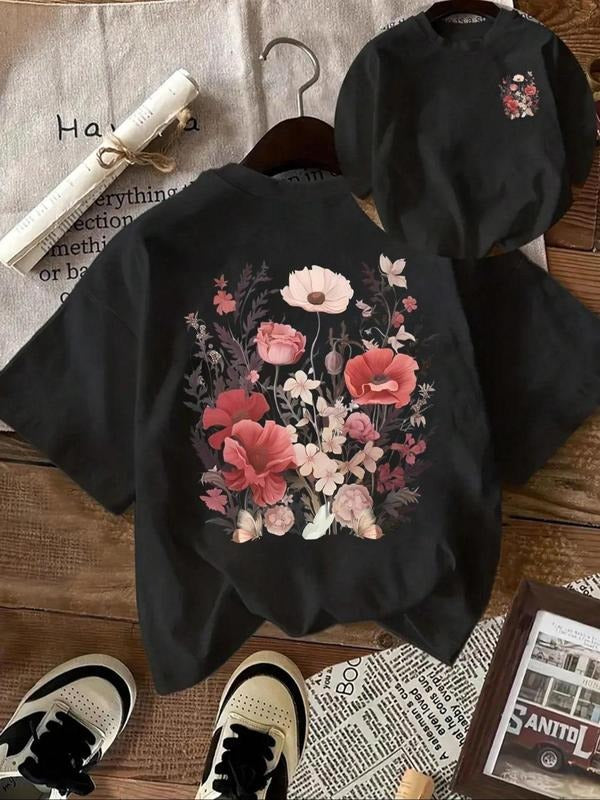 Women'WB shield Floral Print Round Neck Tee, Vintage Trendy Casual Short Sleeve T-shirt for Daily Wear, Ladies Summer...