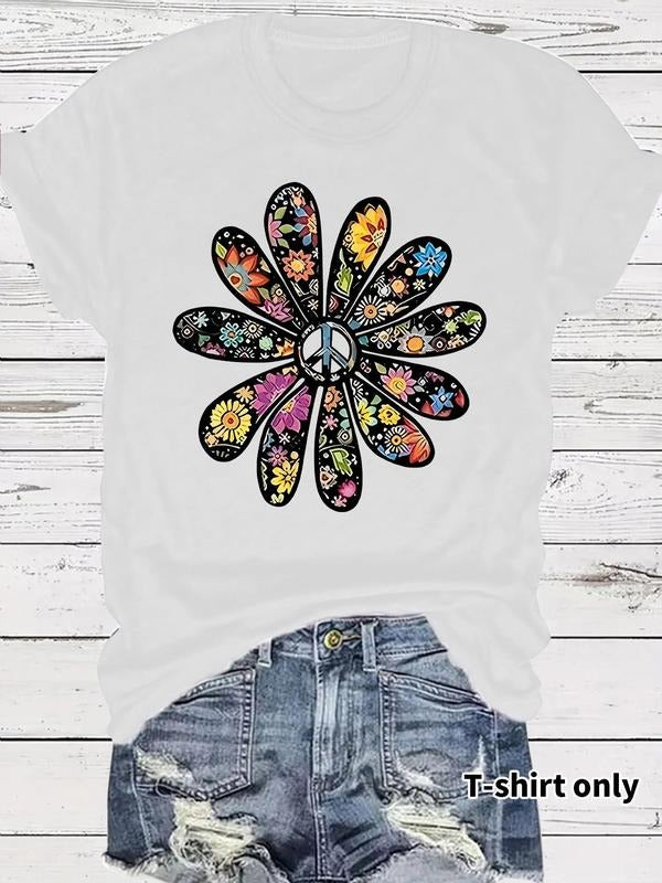 Women'WB shield Floral Print Round Neck Tee, Vintage Trendy Casual Short Sleeve T-shirt for Daily Wear, Ladies Summer,...