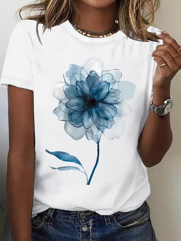 Women'WB shield Floral Print Round Neck Tee, Vintage Trendy Casual Short Sleeve T-shirt for Daily Wear, Ladies Summer,...